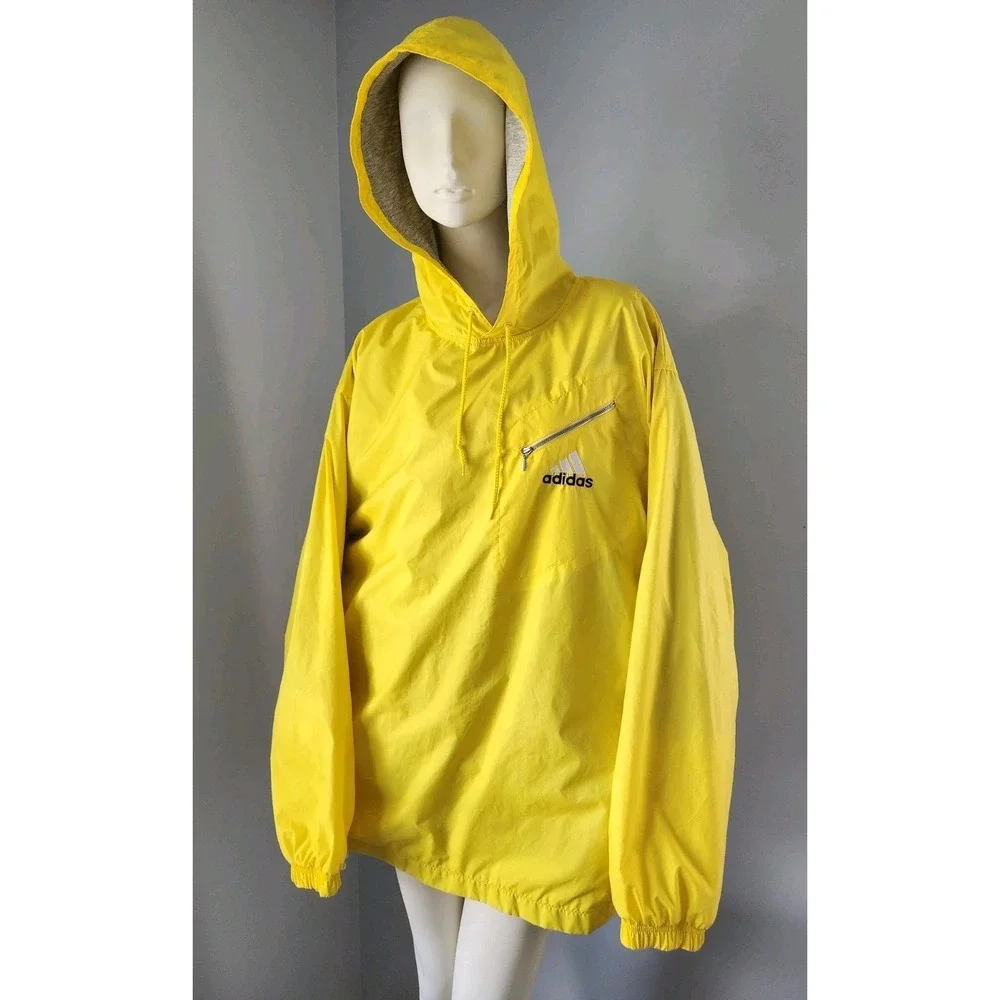 VTG Adidas Mens Windbreaker Jacket Yellow Black stripe Cotton Lined Hoodie LARGE